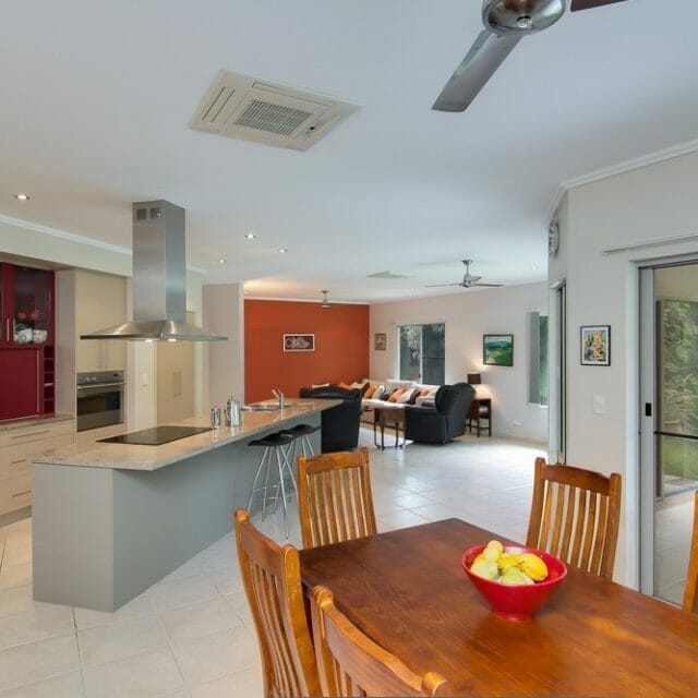 granite bench top, tiled floors